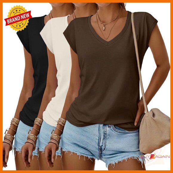 Tops - 3 Pack V-Neck Tees, Cap Sleeve, Loose Fit, Poly-Cotton-Spandex Blend